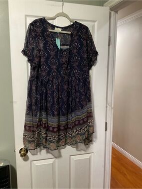 Anthropologie Navy Mixed-Print Short-Sleeve Tiered Mini Dress